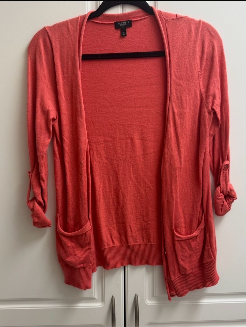 Talbots Petites Coral Open Front Cardigan Sweater Small Roll Tab Sleeves Pockets